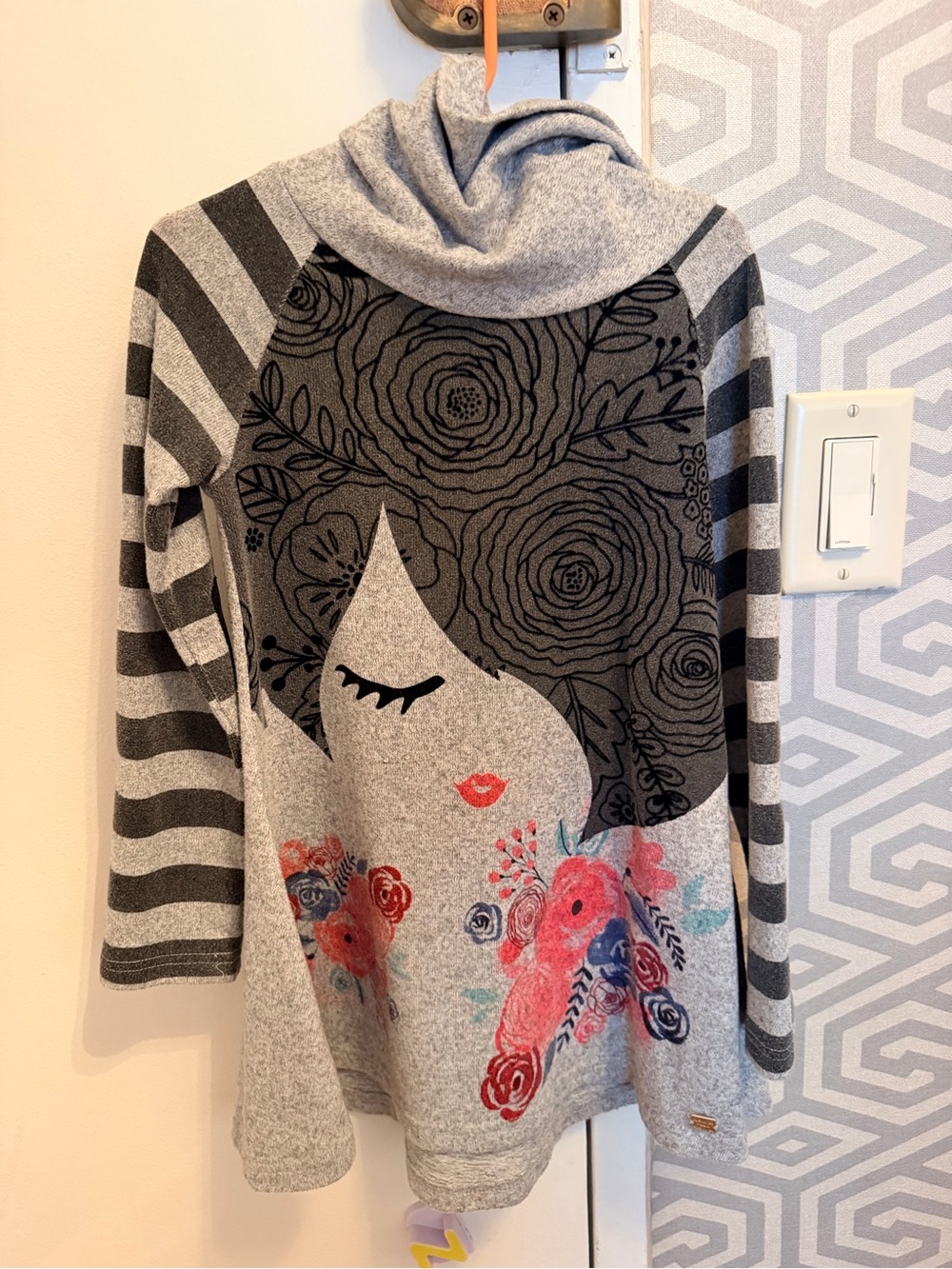 deux par deux Gray Cowl Neck Sweater Dress with Floral Face Print
